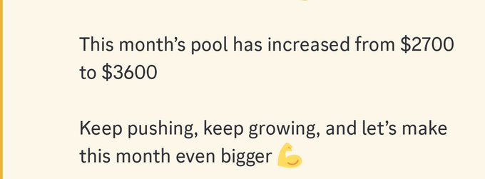 The image shows a rectangular piece of paper with the headline "This month's pool has increased from $2700 to $3600" displayed in bold, yellow letters at the top. The text states that the pool has grown by over $2000 in the last 12 days and encourages viewers to keep pushing for more growth during this month.
