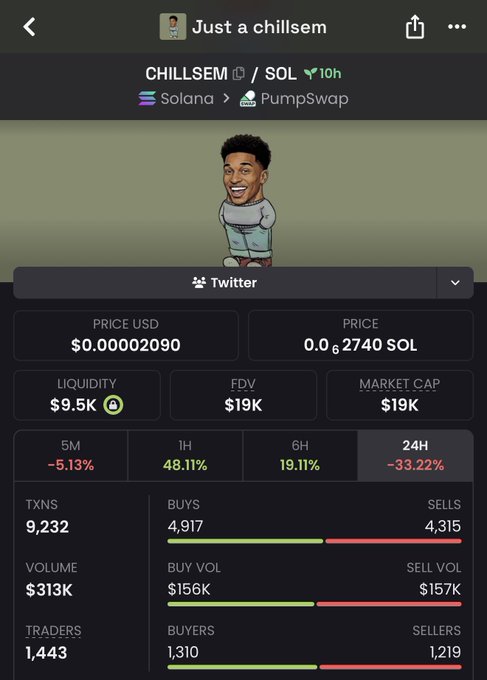 The image shows a crypto trading dashboard for the memecoin "CHILLSEM" (ticker CHILLSEM/SOL) on PumpSwap, displaying a current price of $0.00002090 and a market cap of just $19K. Given the post's ambitious goal to "pump to $200M," the token would need to rise roughly 10,500x from its current valuation.