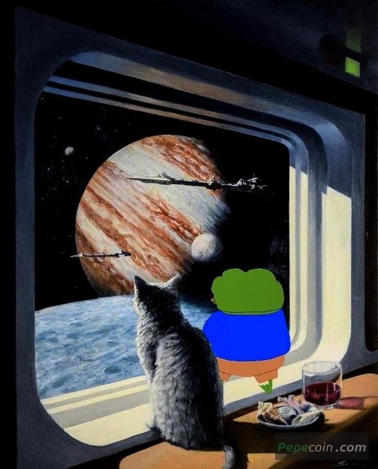 A Pepecoin-themed artwork showing a cat and the Pepe frog character looking through a spaceship window at Jupiter and its moons, with "Pepecoin.com" text.