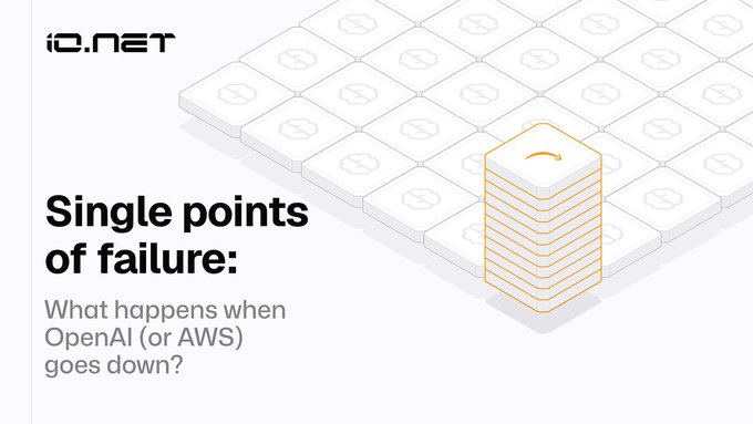 An article cover from i0.NET titled "Single points of failure: What happens when OpenAI (or AWS) goes down?" featuring an illustration of a stack of server units highlighted in orange on a grid.