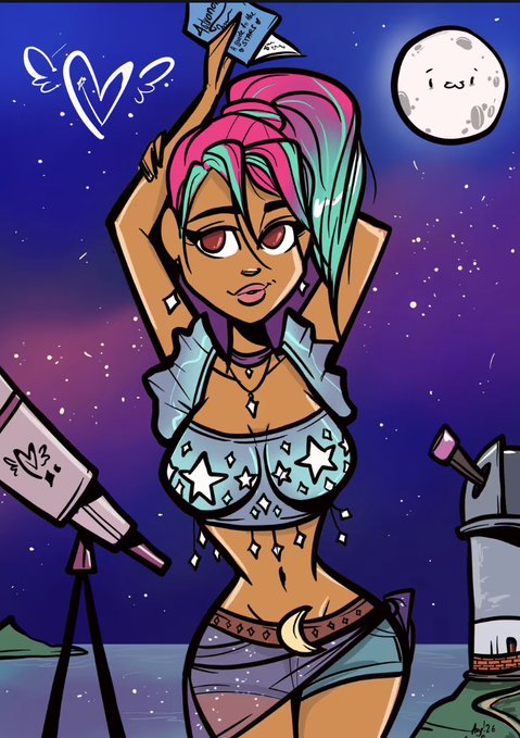 A digital illustration of a stylized anime-style girl with pink and green hair, wearing a star-patterned top and shorts, posing with raised arms near a telescope against a starry night sky with a moon.