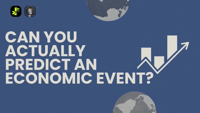 A YouTube thumbnail with a blue background asking 'CAN YOU ACTUALLY PREDICT AN ECONOMIC EVENT?' featuring white bar chart graphics and globe illustrations.