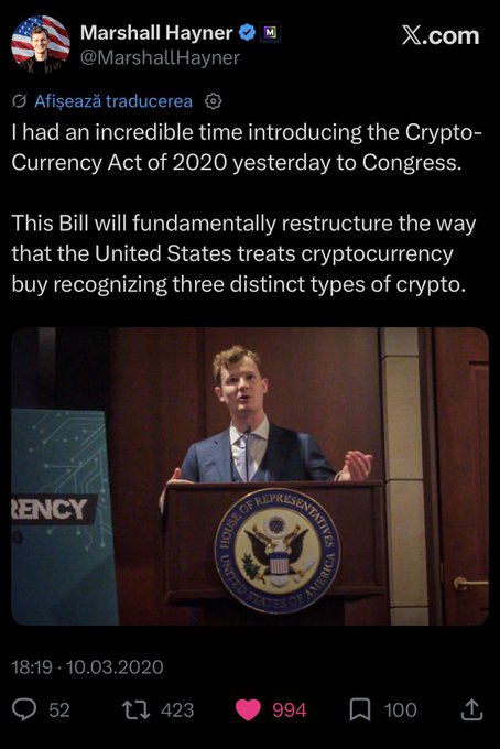 A tweet by verified user @MarshallHayner posted on 10.03.2020 announces the introduction of the "Crypto-Currency Act of 2020" to Congress, featuring a photo of Hayner speaking at a House of Representatives podium. The caption suggests Hayner will become a recognized figure, though it incorrectly notes that the CLARITY Act (a related crypto bill) was 3 pages rather than 300.