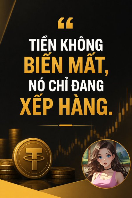 A Vietnamese motivational graphic featuring a stack of gold Tether (USDT) coins, a stock chart background, and an animated female avatar, with the quote "TIỀN KHÔNG BIẾN MẤT, NÓ CHỈ ĐANG XẾP HÀNG." (Money doesn't disappear, it's just queuing up). The imagery reinforces the post's message that growing stablecoin supply represents "bullets being loaded" in a queue, waiting to flow into BTC and the broader crypto market.