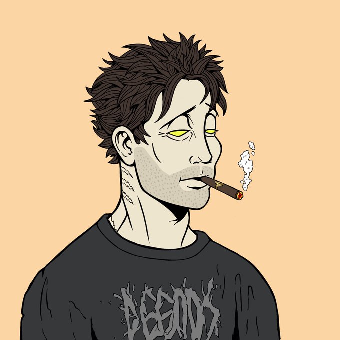 A stylized cartoon portrait depicts a rugged, brooding man with messy dark hair, glowing yellow eyes, a stubbled jaw, and a burning cigar clenched in his mouth, wearing a black t-shirt with illegible gothic-style text. The illustration's edgy, crypto-degen aesthetic—particularly the "Stack $SOL" slogan tied to NFT culture—aligns with the post's call to stack Solana through NFTs, using the character's tough, stoic vibe to convey a "diamond hands" attitude.