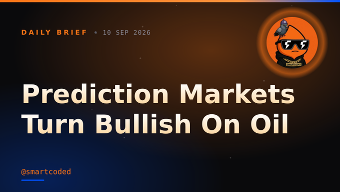 A digital banner with the text 'DAILY BRIEF • 10 SEP 2026' and 'Prediction Markets Turn Bullish On Oil' alongside an avatar labeled '@smartcoded'.