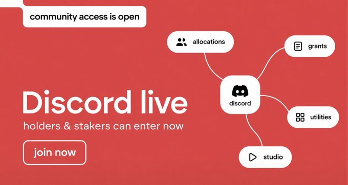 A red promotional banner for "Discord live" announcing that "community access is open" for "holders & stakers" to enter, showing a diagram with categories: allocations, grants, utilities, and studio.