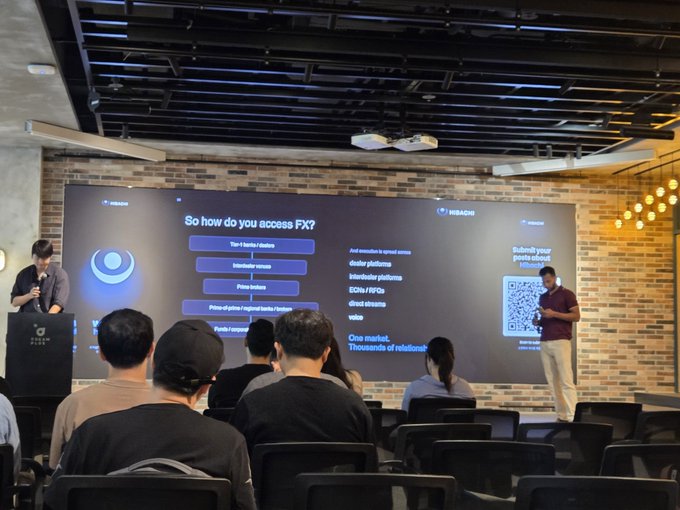 Two presenters stand in front of a seated audience in a modern presentation room, with a large screen displaying a slide titled 'So how do you access FX?' and the Hitashi logo.