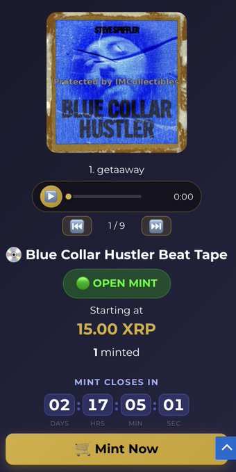The image shows a music NFT minting page on IMCollectibles for "Blue Collar Hustler Beat Tape," an open edition instrumental album priced at 15.00 XRP, with 1 already minted and 2 days, 17 hours, 5 minutes remaining in the mint window—corresponding to the social media post announcing the limited-time open edition release on the XRP Ledger.