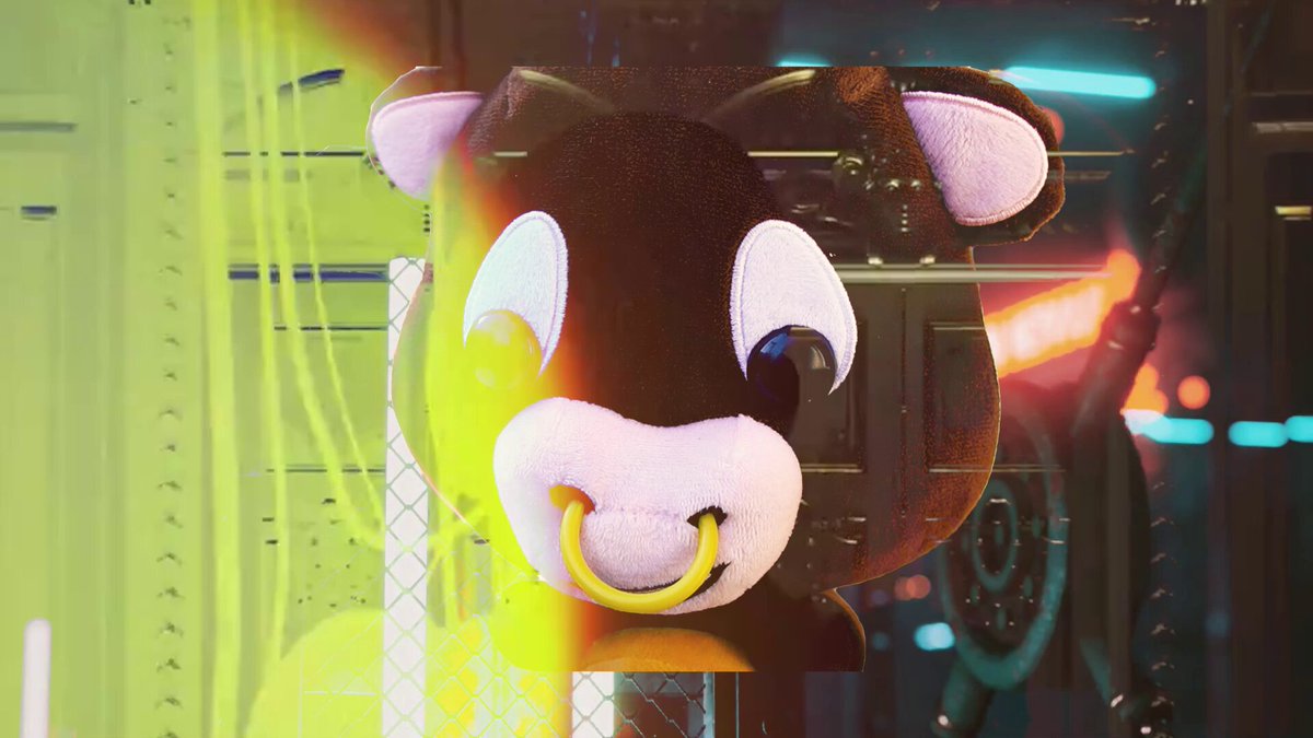 The image features a large stuffed cow with a yellow tag around its neck, giving it a unique appearance. The cow is positioned centrally within the frame, surrounded by various neon lights that create an interesting visual effect. In the background, there are neon lights of different colors and shapes, adding to the overall atmosphere of the scene. The image also includes text that reads "Bullish desk setup? Paolo the Bull brings the Bitcoin energy. Small plush. Big conviction." This suggests a connection between the cow's unique appearance and the concept of cryptocurrency mining or digital currency.
