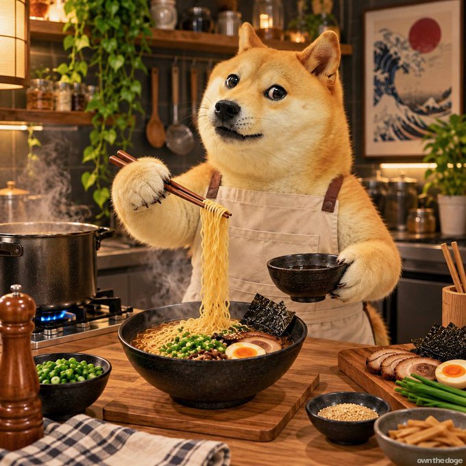 A Shiba Inu dog (resembling the "Doge" meme) wears a chef's apron and lifts ramen noodles with chopsticks from a steaming bowl in a Japanese-style kitchen, promoting the upcoming Doge Day celebration on November 2nd for Kabosu's birthday.