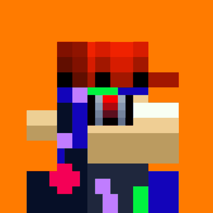 A pixelated Minecraft-style image of a character with a red hat, blue and purple shirt, and a pacifier, set against a solid orange background.