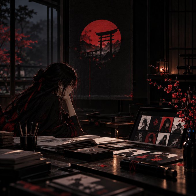 A dark, atmospheric anime-style illustration shows a girl with dark hair sitting at a desk covered in art books and a tablet, looking toward a window with red maple leaves and a large red sun behind a torii gate.