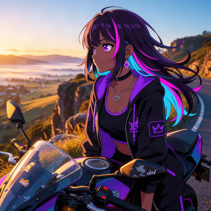 An anime-style digital illustration of a dark-skinned girl with purple and teal hair wearing a black jacket, sitting on a purple motorcycle overlooking a scenic coastal landscape at sunset.