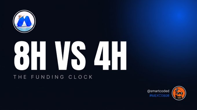 A dark blue graphic displaying '8H VS 4H - THE FUNDING CLOCK' with an account handle '@smartcoded' and hashtag '#MEXC0808'.