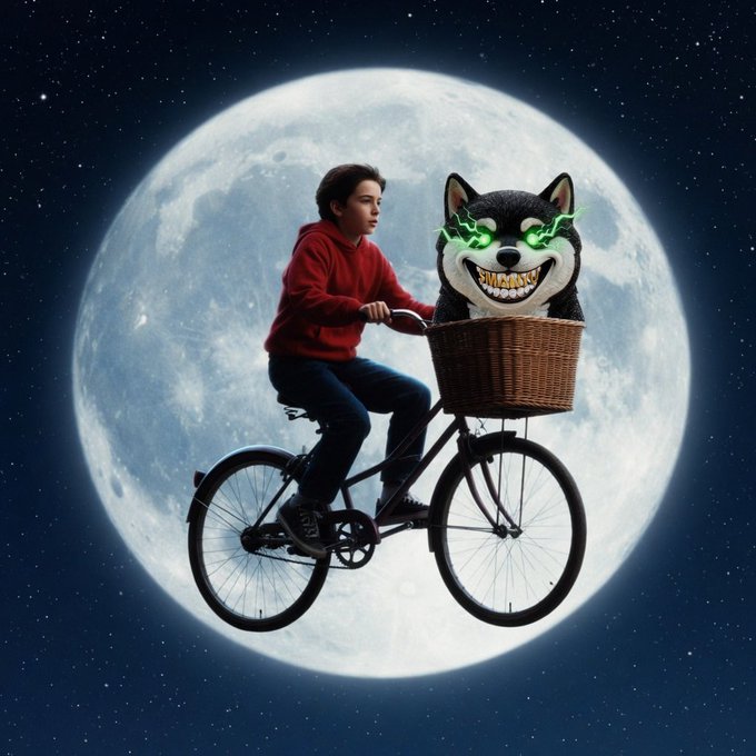 urn of gold sits on a black bicycle, with a boy and a dog riding it through the night sky.