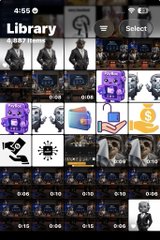 A phone screen showing a video library of 455 recordings, each with timestamps like 0:07, 0:13, and 0:14, likely serving as background footage for the podcast-style episode about AI agents and their secure interaction with wallets and payments via PayBox.
