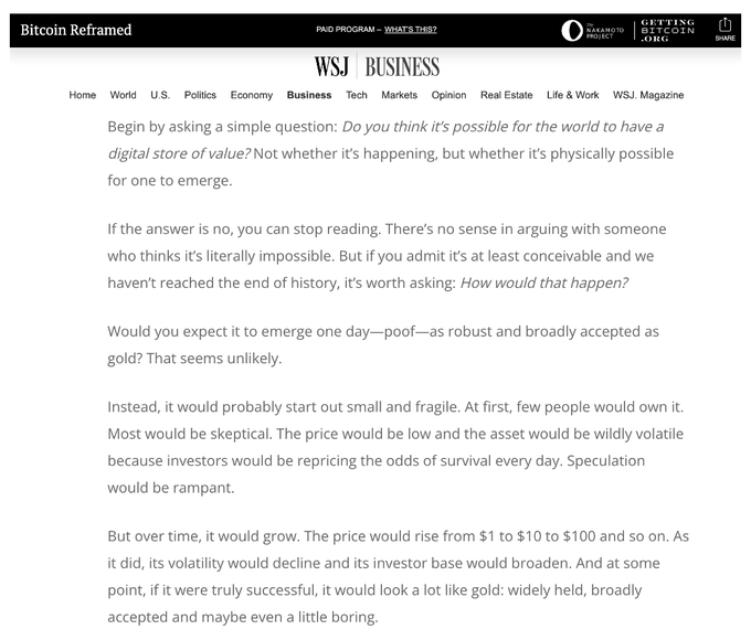 This image shows a Wall Street Journal Business article screenshot titled "Bitcoin Reframed," in which the author makes the case that Bitcoin is following the natural adoption trajectory of a digital store of value—starting small and volatile before growing into a broadly accepted asset like gold.