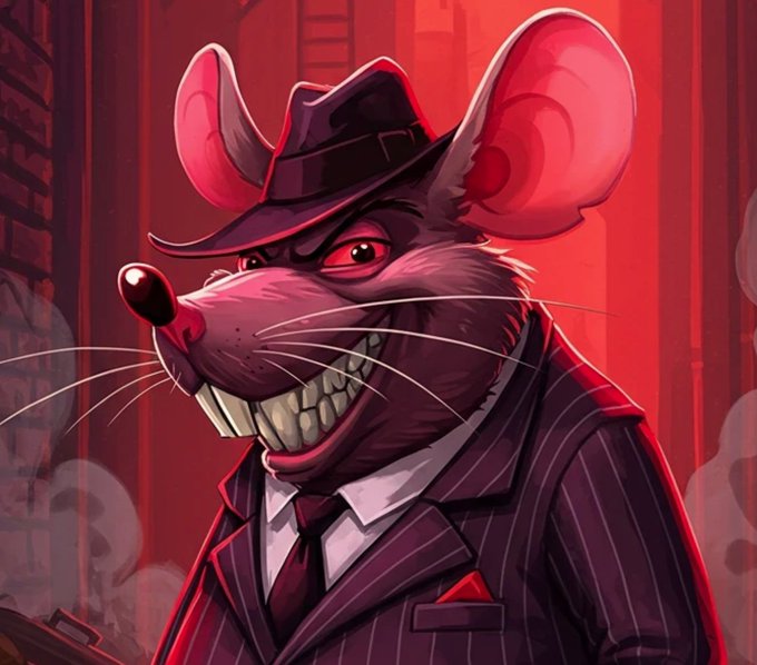 An illustration of a menacing pink mouse character with large teeth wearing a pinstripe suit and fedora, holding a gun.