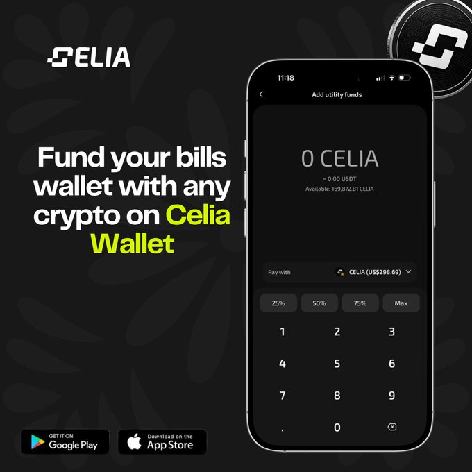 The image features a smartphone displaying an app called "Celia Wallet" that allows users to fund their bills using cryptocurrency. The phone's screen shows a black background with white text, including the app's name and a message about its functionality. The app is designed for users to easily transfer funds from their cryptocurrency wallet to their bank account or other accounts.