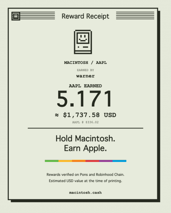 A 'Reward Receipt' graphic for 'MACINTO$H / AAPL' earned by 'warner' showing 5.171 AAPL earned (≈$1,737.58 USD), with the text 'Hold Macintosh. Earn Apple.' and 'macintosh.cash' at the bottom.