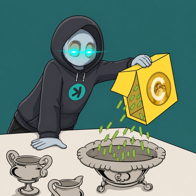 A hooded figure with glowing cyan eyes and an "X" logo on its hoodie pours a box of green dollar arrows marked with the "$CATE" token emblem into a chalice, visually representing the pledge to send $500 ($50 from 10 people) to boost the $CATE community.