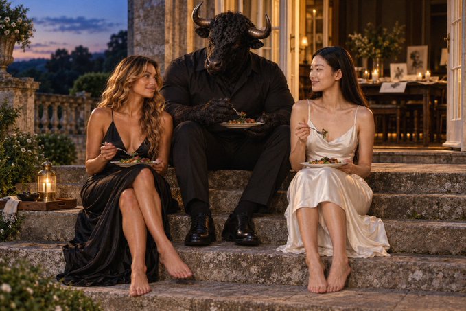 A surreal scene shows a figure with a black bull's head and human muscular body, dressed in black, sitting on stone steps between two women who are eating from plates.