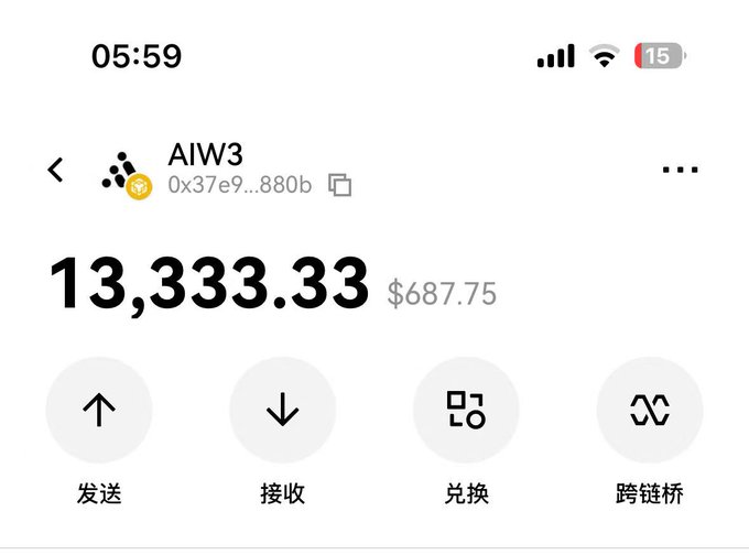 A crypto wallet screenshot displays a balance of 13,333.33 AIW3 tokens (worth $687.75) alongside action buttons for sending, receiving, swapping, and bridging, illustrating the post's claim of receiving an $AIW3 airdrop worth $700.