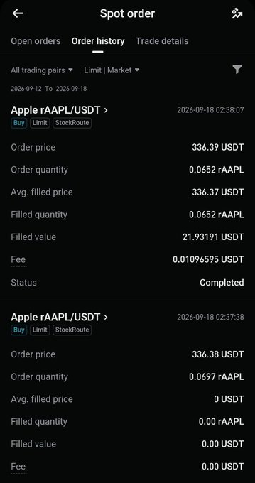 Cryptocurrency exchange app showing order history for Apple rAAPL/USDT spot orders, including completed and pending buy orders with their respective prices and quantities.