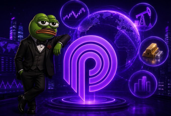 The image features a cartoon frog dressed in a suit standing next to a purple logo with the word "Pyth" written below it. The frog appears to be posing for a photo or drawing. In the background, there are various objects such as a globe, a gold bar, and some buildings, which might represent different aspects of the economy or financial markets.
