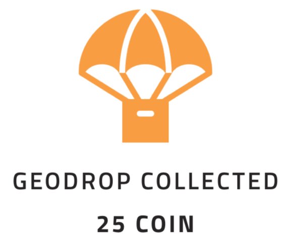 A logo displays an orange parachute with a package, accompanied by the text 'GEODROP COLLECTED 25 COIN' on a white background.