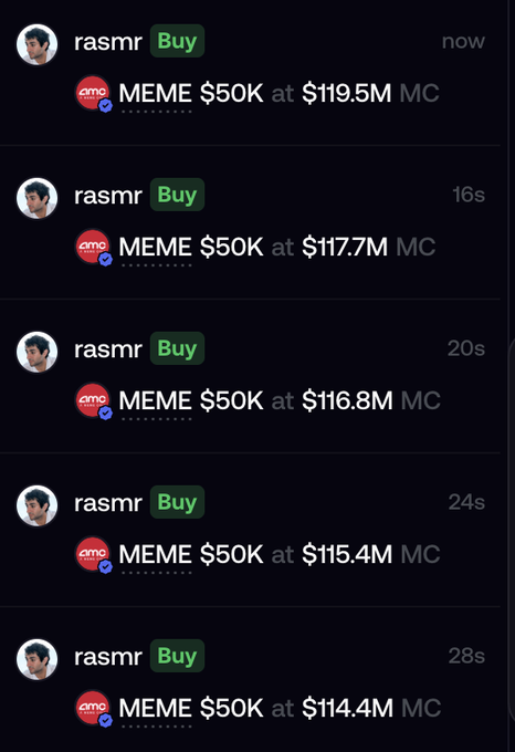 A screenshot of crypto transaction alerts showing user "rasmr" repeatedly buying $50K of MEME token at market caps ranging from $114.4M to $119.5M over a span of 28 seconds.