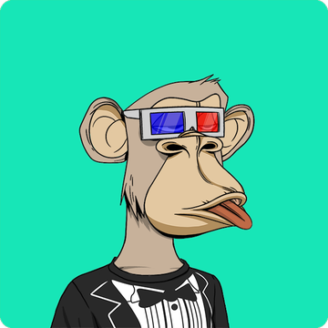 A Bored Ape Yacht Club cartoon monkey character with red and blue 3D glasses and a black tuxedo is featured as BAYC #9287, shown against a teal background.