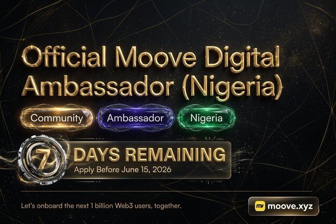 The image features a poster for an upcoming event where people can apply to be part of the @moovexyz Digital Ambassador program in Nigeria. The poster includes text that reads "6 days left to apply for the @moovexyz Digital Ambassador Program (Nigeria)". It also displays three different colors, each representing a country: green for Nigeria, blue for Africa, and red for Europe. The poster encourages people to participate by highlighting the benefits of being part of this program, such as receiving USDC rewards and working with the team directly.