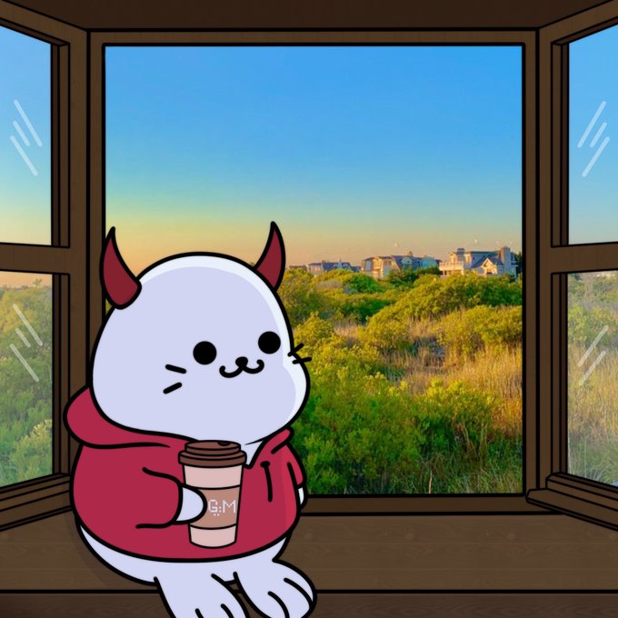 A cute cartoon devil cat in a red hoodie sits by a window holding a coffee cup labeled "GM," overlooking a scenic landscape with houses in the distance. The "GM" on the cup ties directly into the "GM LEGENDS" post, which is a crypto/NFT community greeting meaning "Good Morning."