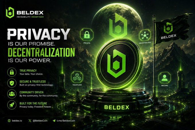 Beldex promotional poster with the tagline 'PRIVACY IS OUR PROMISE. DECENTRALIZATION IS OUR POWER,' featuring a glowing green crypto coin and features like Private, Trustless, and Secure.