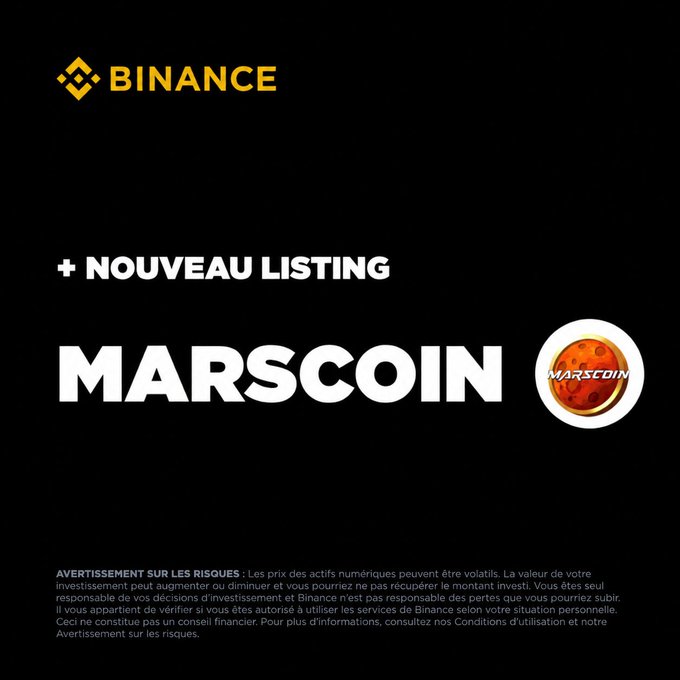 A black Binance announcement graphic announces a "+ NOUVEAU LISTING" for "MARSCOIN," featuring an orange Mars planet logo with the MarsCoin branding, accompanied by a French risk disclaimer at the bottom, confirming the exchange's new listing of the MarsCoin token.
