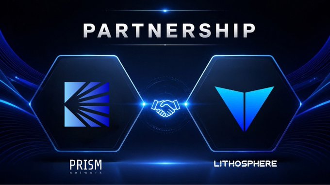 A partnership announcement graphic featuring the logos of 'PRISM network' and 'LITHOSPHERE' connected by a handshake icon on a dark blue background.