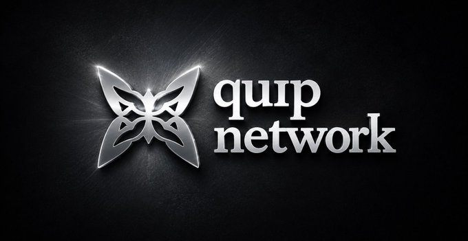A logo for 'quip network' displayed in silver text with a metallic butterfly emblem on a dark background.