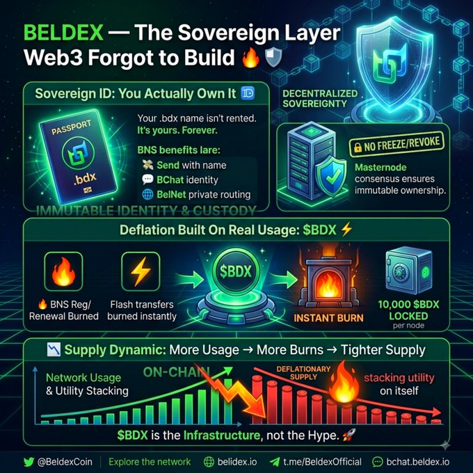 An infographic for BELDEX titled 'The Sovereign Layer Web3 Forgot to Build,' detailing Sovereign ID, decentralized sovereignty, and deflationary tokenomics for $BDX.