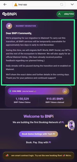 A screenshot of the BNPi app announces its migration to Pi Mainnet, saying BoPi World, BNPi Social, NFTs, and staking rewards may be temporarily unavailable during the transition. The live stats show “1,150,529 BNPi Token Claims” and “910.85 BNPI BNPi Tokens claimed,” reinforcing the post’s Mainnet announcement.