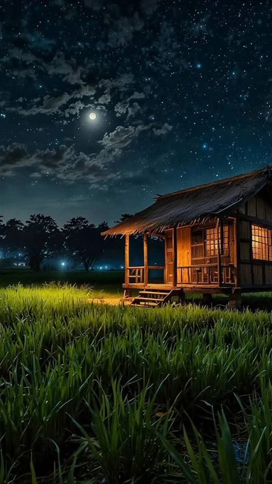 The image features a wooden house with a porch at night, surrounded by a field of tall grass under a starry sky. The house appears to be illuminated from within, creating an inviting atmosphere. The photo has been edited to include a caption that reads "Good Evening Dear X CT Creator gTria buddy Huge week for @useTria The $2.25M cashback campaign just wrapped, while Season 2 rewards are now claimable: • $300K USDT  • 40M  @decibelTrade directly inside the app bringing equity".