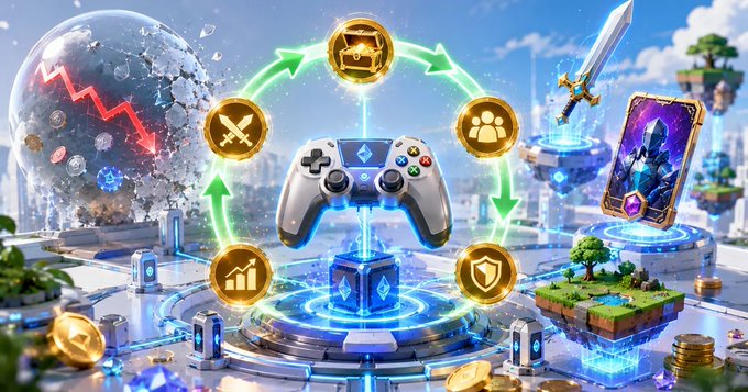 A gaming/metaverse-themed artwork featuring a game controller at the center, surrounded by icons for battles, teams, growth, and security, with floating islands and a breaking crystal ball.