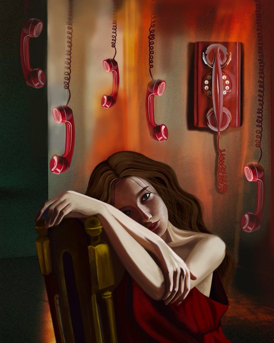 A digital illustration of a woman with brown hair resting her arms on a yellow chair, wearing a red garment, with several red telephone handsets hanging from cords and one mounted on a wall behind her.