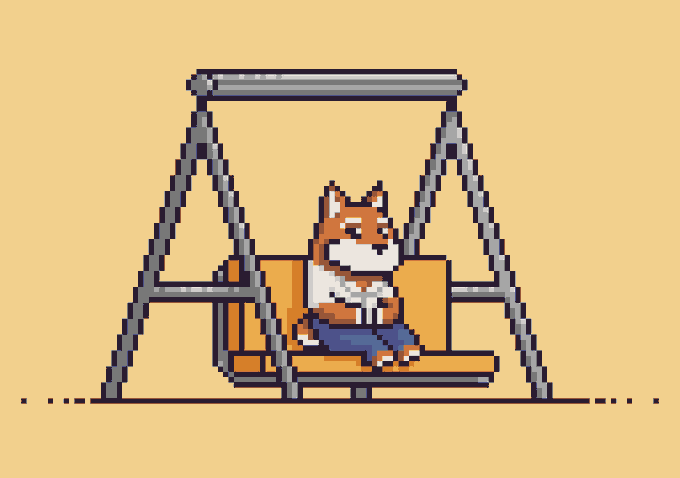 A pixel-art Shiba Inu dog sits relaxed on a swing set against a yellow background, visually representing the $BONK meme coin referenced in the post's claim that missing the purchase opportunity is equivalent to losing out on "free money."