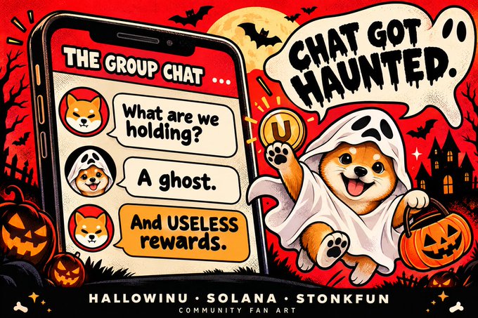 A Halloween-themed illustration showing a smartphone group chat between Shiba Inu dogs, with one dressed as a ghost saying 'What are we holding?' 'A ghost.' 'And USELESS rewards.', alongside the text 'CHAT GOT HAUNTED.' and 'HALLOWINU · SOLANA · STONKFUN COMMUNITY FAN ART'.