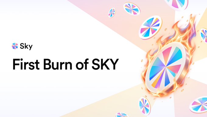 Promotional graphic with text 'First Burn of SKY' and a colorful wheel logo with flames, along with 'Sky' branding.
