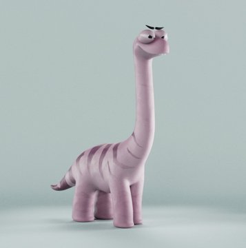 A pink, cartoonish 3D model of a long-necked dinosaur-like creature with a slightly grumpy expression, standing against a plain light blue background.