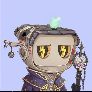 An illustration of a character wearing a robotic-style helmet with a screen face displaying two lightning bolt eyes, holding a staff topped with a skull, and wearing a dark blue coat with gold accents.