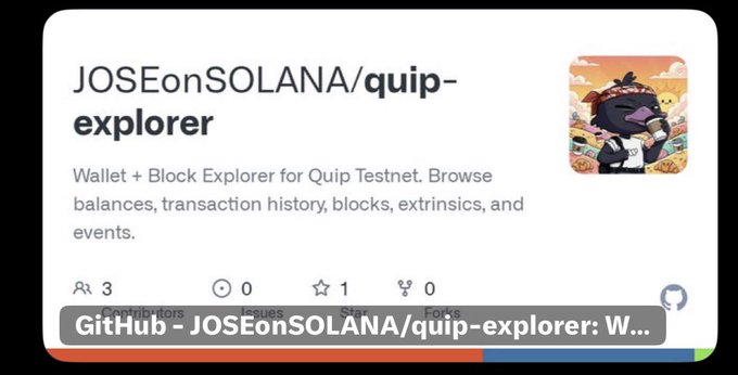 The image shows a screenshot of a post on Twitter that contains information about a wallet explorer tool named JOSEonSolana/quip-explorer. It appears that the user has posted this information and tagged a post from @quip-net about block explorer testing for @quip-network. In this context, @quip-net is discussing an event related to block explorer, while JOSEonSolana/quip explores balancing transactions in a testnet environment. The image captures the essence of the conversation and provides useful information for those interested in the topic.
